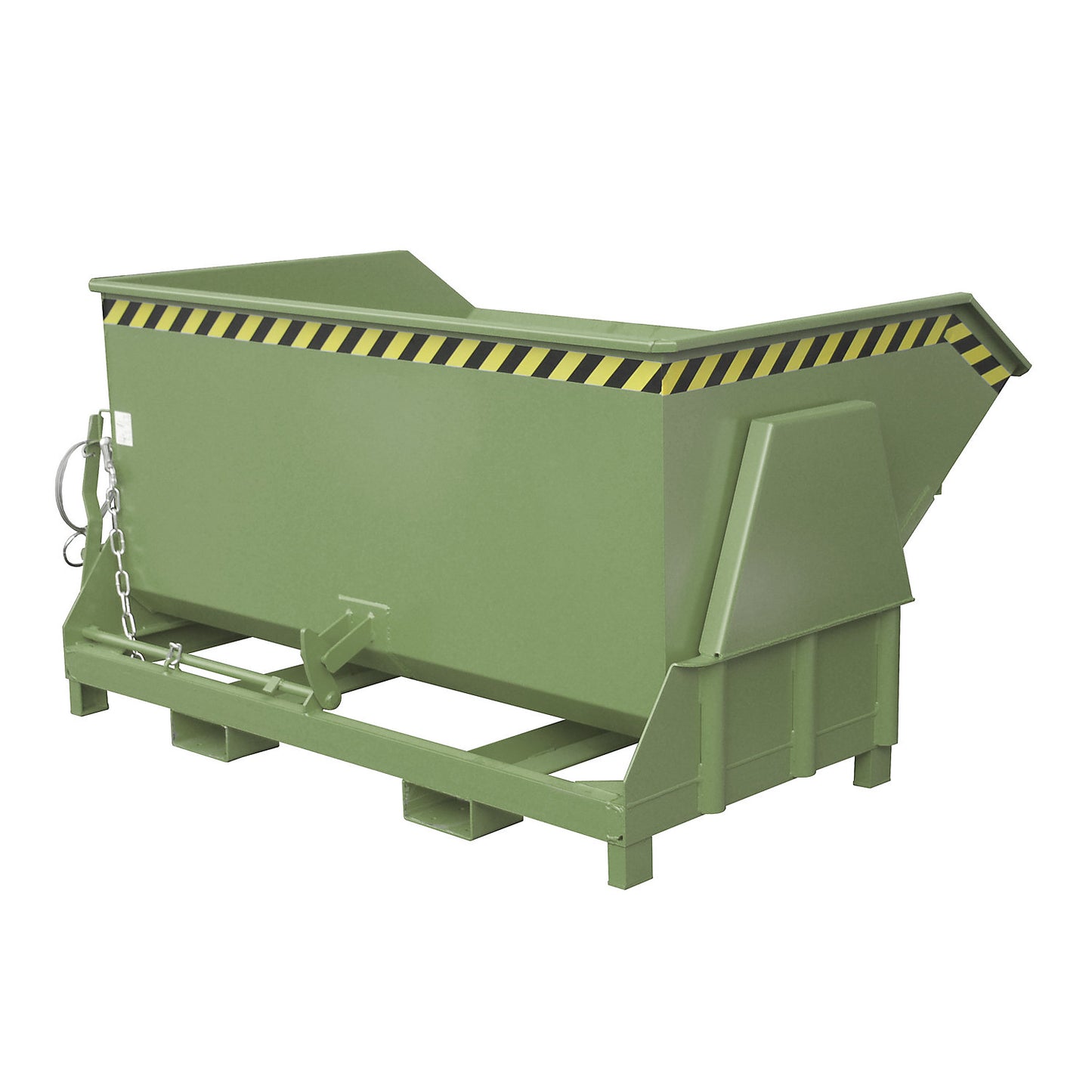 Tilting skip, standard overall height, without wheels, capacity 1.5 m³, painted green RAL 6011.