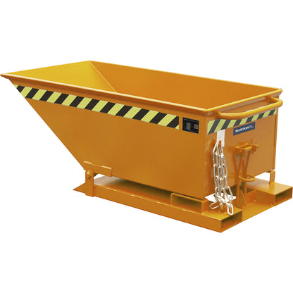 Tilting skip with tilting mechanism, low construction, capacity 0.25 m³, orange RAL 2000.