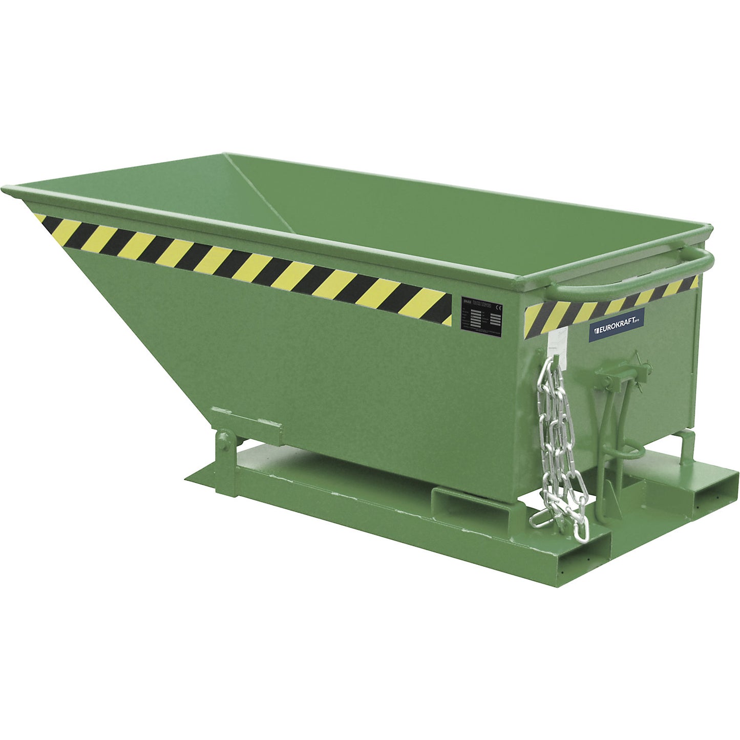 Tilting skip with tilting mechanism, low construction, capacity 0.25 m³, green RAL 6011.