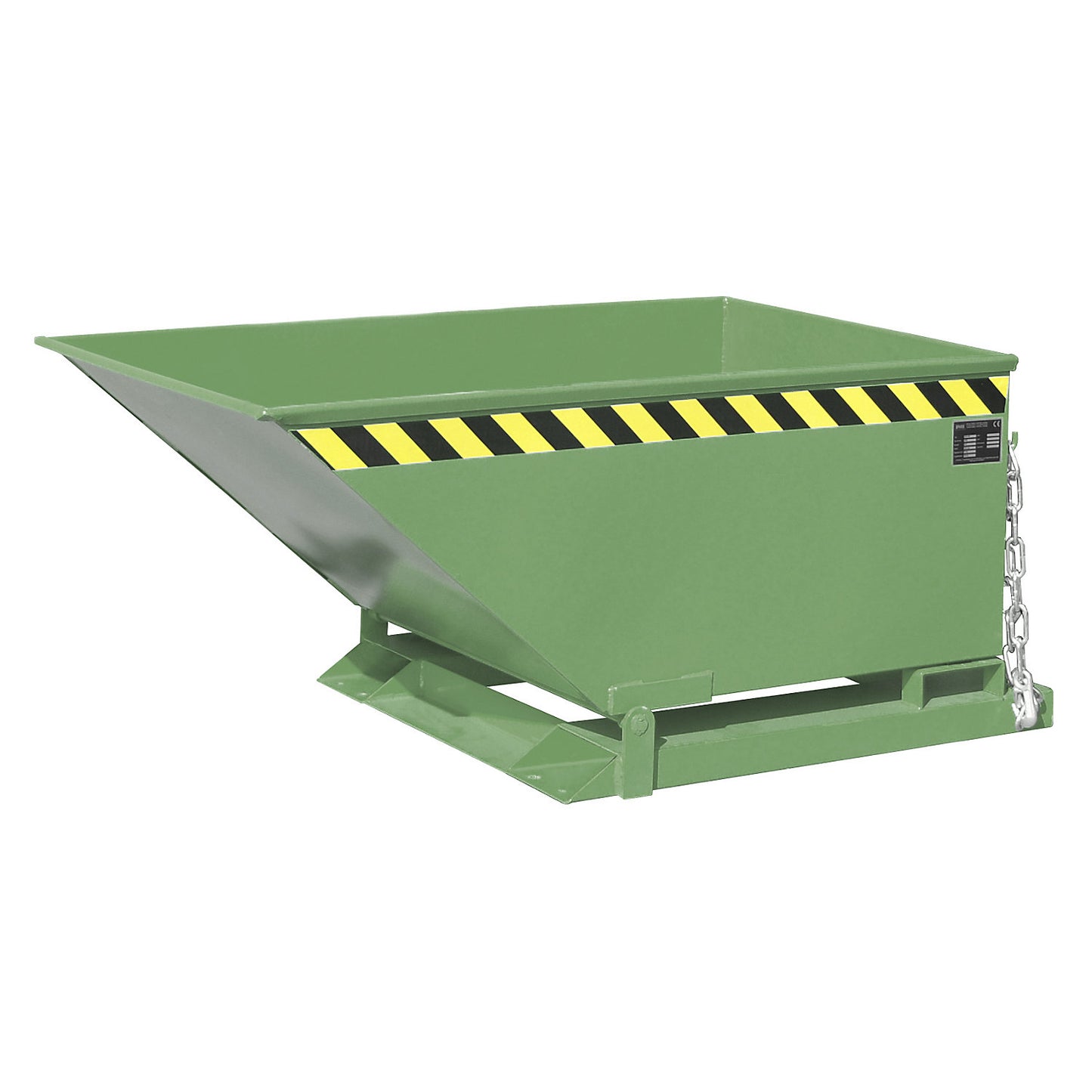 Tilting skip with tilting mechanism, low construction, capacity 0.4 m³, green RAL 6011.