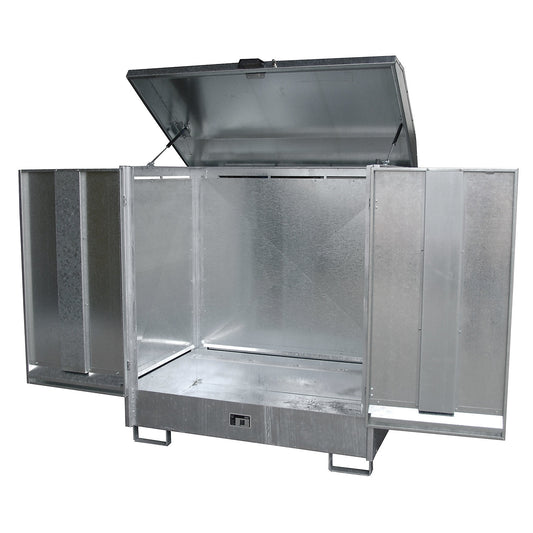 Hazardous goods storage unit, with 2 hinged doors and forklift pockets, for 2 x 200 litre drums, zinc plated.