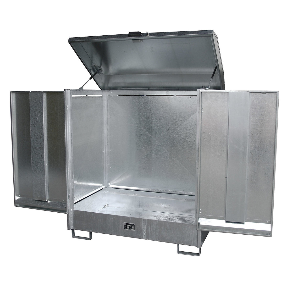 Hazardous goods storage unit, with 2 hinged doors and forklift pockets, for 2 x 200 litre drums, zinc plated.