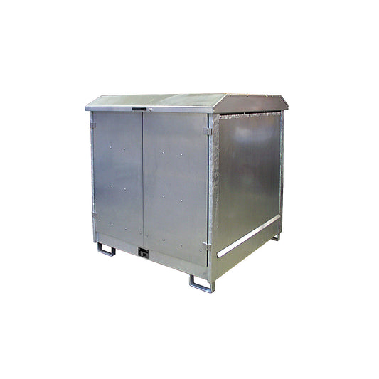 Hazardous goods storage unit, with 2 hinged doors and forklift pockets, for 4 x 200 litre drums, zinc plated.