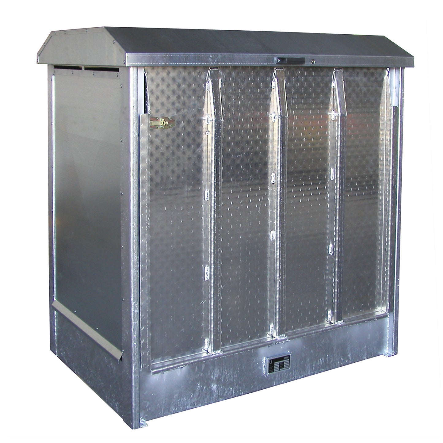 Hazardous goods storage unit, with aluminium door as loading ramp, for 2 x 200 litre drums, zinc plated.