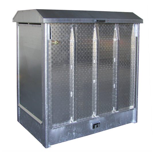 Hazardous goods storage unit, with aluminium door as loading ramp, for 2 x 200 litre drums, zinc plated.