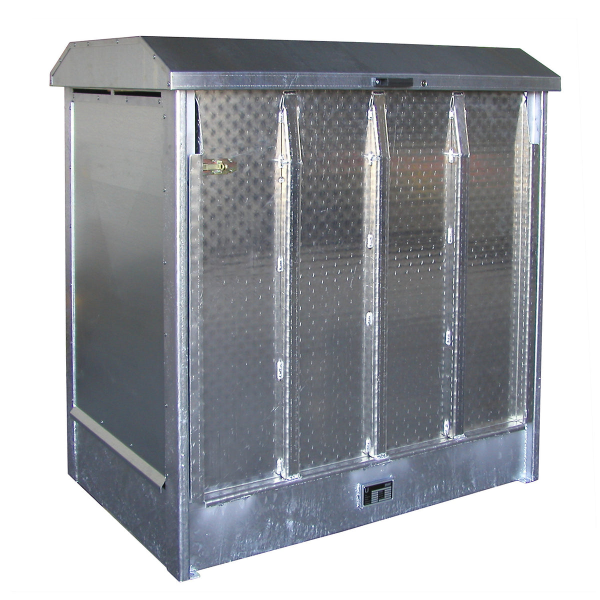 Hazardous goods storage unit, with aluminium door as loading ramp, for 2 x 200 litre drums, zinc plated.