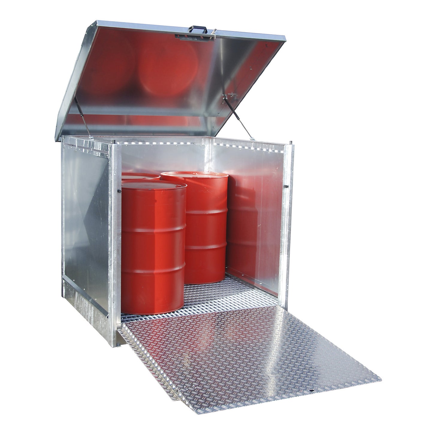 Hazardous goods storage unit, with aluminium door as loading ramp, for 4 x 200 litre drums, zinc plated.
