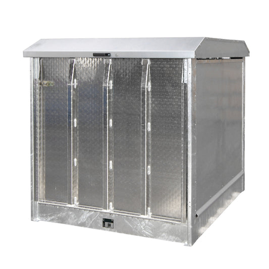 Hazardous goods storage unit, with aluminium door as loading ramp, for 4 x 200 litre drums, zinc plated.