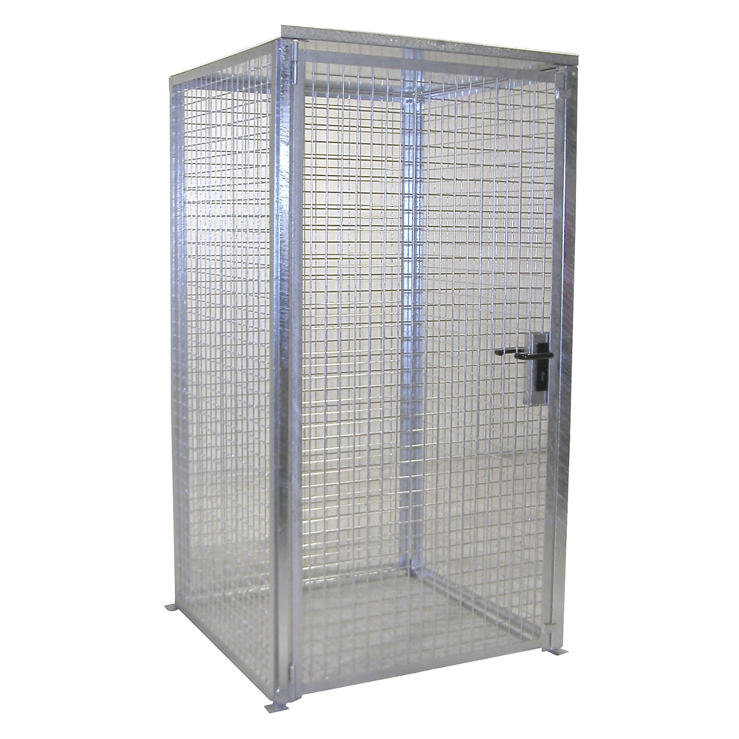 Mesh gas cylinder cage, with roof and single hinged door, WxD 1085 x 1085 mm.