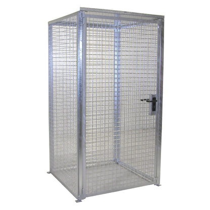 Mesh gas cylinder cage, with roof and single hinged door, WxD 1085 x 1085 mm.