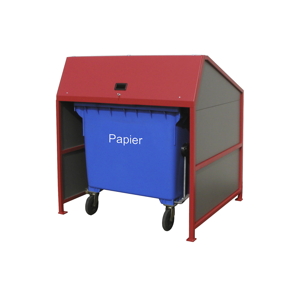 Waste bin enclosure, enclosed on 3 sides, frame in red.