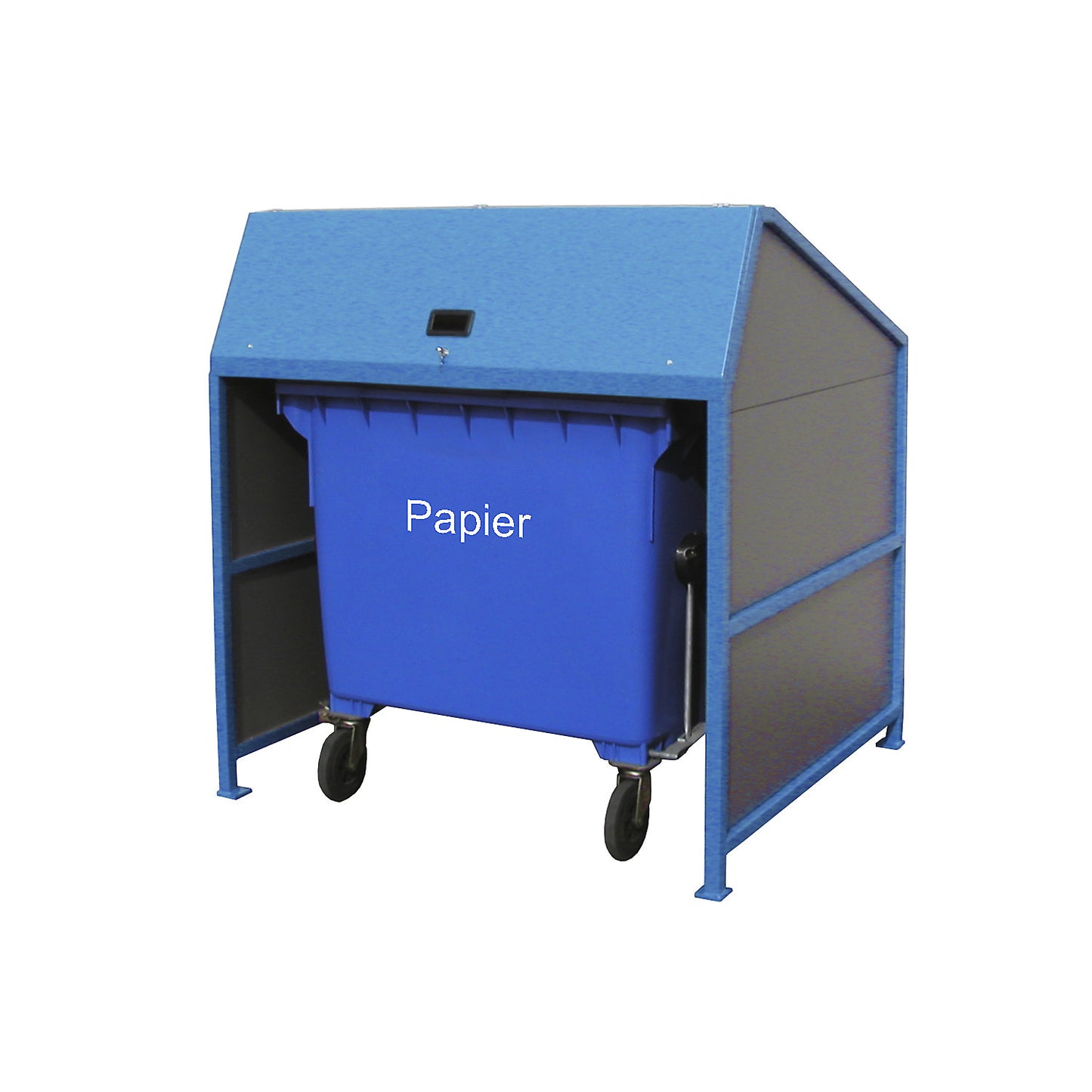 Waste bin enclosure, enclosed on 3 sides, frame in blue.