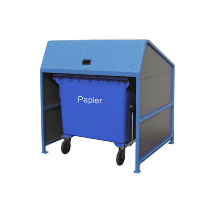 Waste bin enclosure, enclosed on 3 sides, frame in blue.