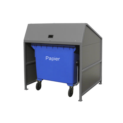 Waste bin enclosure, enclosed on 3 sides, frame in grey.