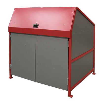 Waste bin enclosure, enclosed on 4 sides, with doors, frame in red.