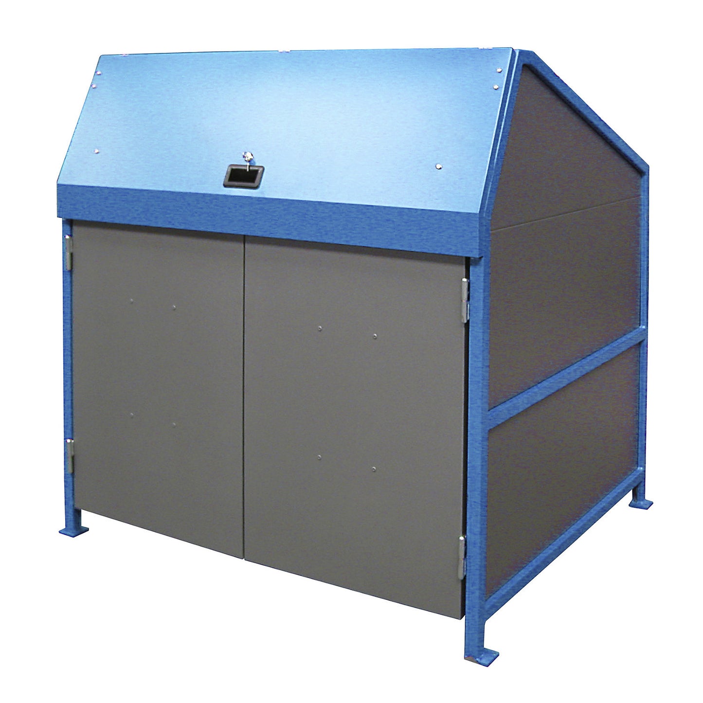 Waste bin enclosure, enclosed on 4 sides, with doors, frame in blue.