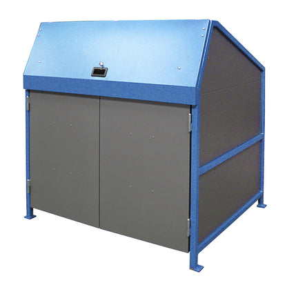 Waste bin enclosure, enclosed on 4 sides, with doors, frame in blue.