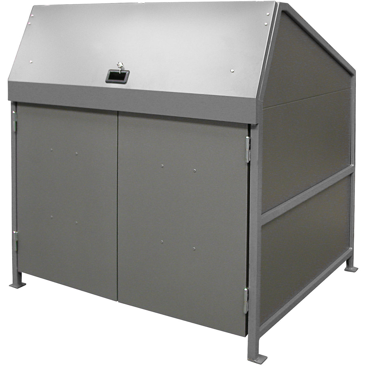 Waste bin enclosure, enclosed on 4 sides, with doors, frame in grey.