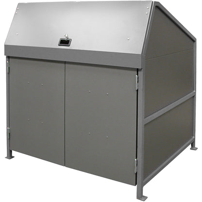 Waste bin enclosure, enclosed on 4 sides, with doors, frame in grey.