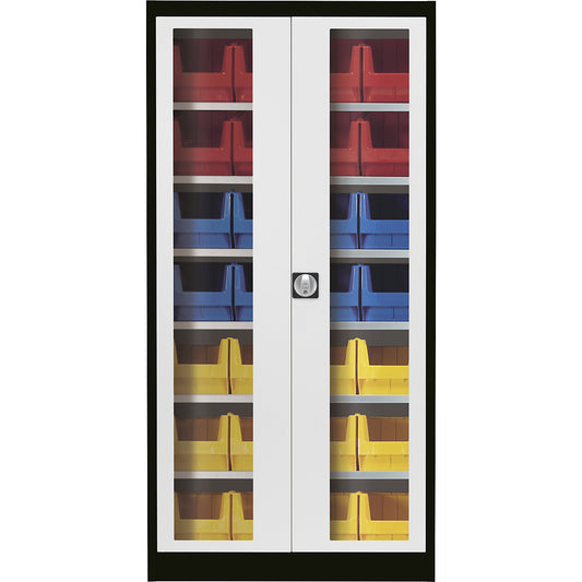 Vision panel double door cupboard, with 28 open fronted storage bins, graphite black / light grey.
