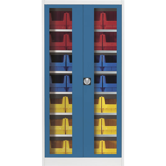 Vision panel double door cupboard, with 28 open fronted storage bins, light grey / brilliant blue.