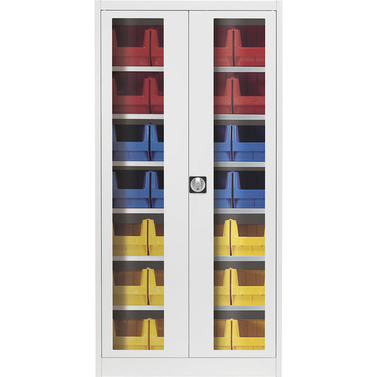 Vision panel double door cupboard, with 28 open fronted storage bins, light grey.