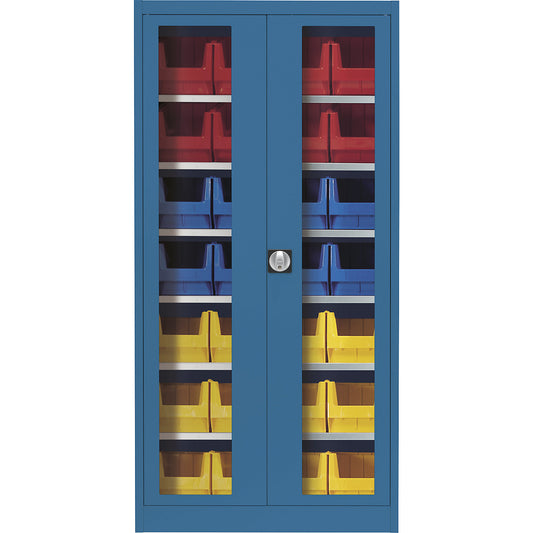Vision panel double door cupboard, with 28 open fronted storage bins, brilliant blue.