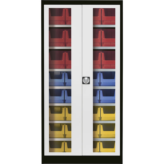 Vision panel double door cupboard, with 32 open fronted storage bins, graphite black / light grey.