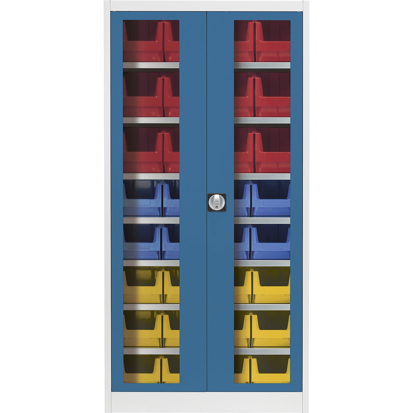 Vision panel double door cupboard, with 32 open fronted storage bins, light grey / brilliant blue.