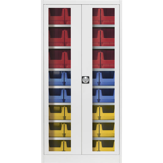 Vision panel double door cupboard, with 32 open fronted storage bins, light grey.