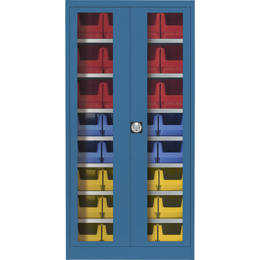 Vision panel double door cupboard, with 32 open fronted storage bins, brilliant blue.
