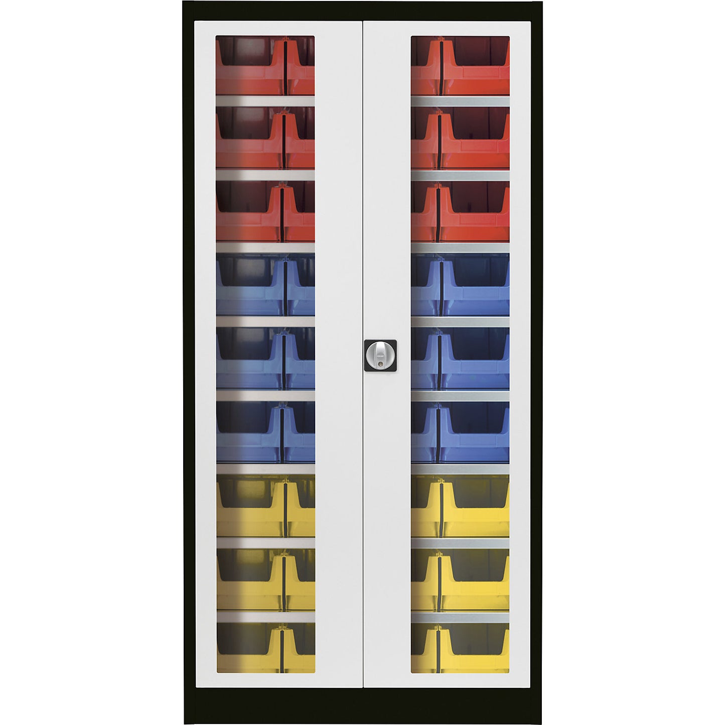 Vision panel double door cupboard, with 36 open fronted storage bins, graphite black / light grey.