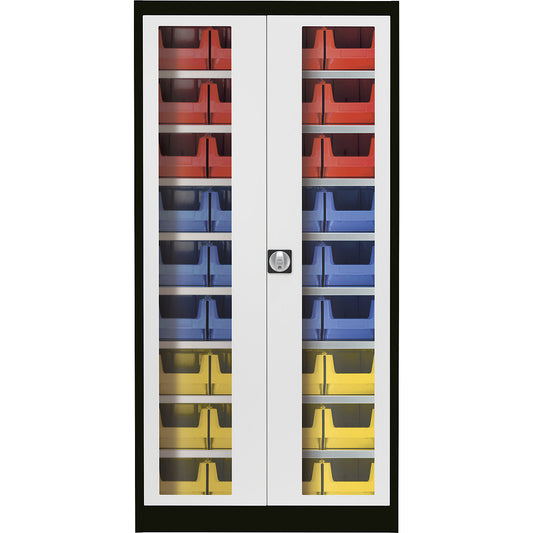 Vision panel double door cupboard, with 36 open fronted storage bins, graphite black / light grey.