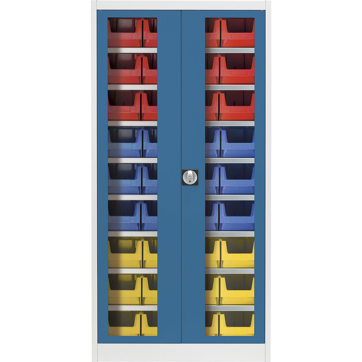 Vision panel double door cupboard, with 36 open fronted storage bins, light grey / brilliant blue.