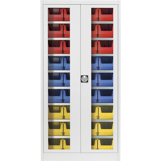 Vision panel double door cupboard, with 36 open fronted storage bins, light grey.