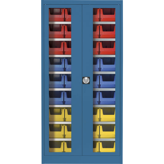 Vision panel double door cupboard, with 36 open fronted storage bins, brilliant blue.
