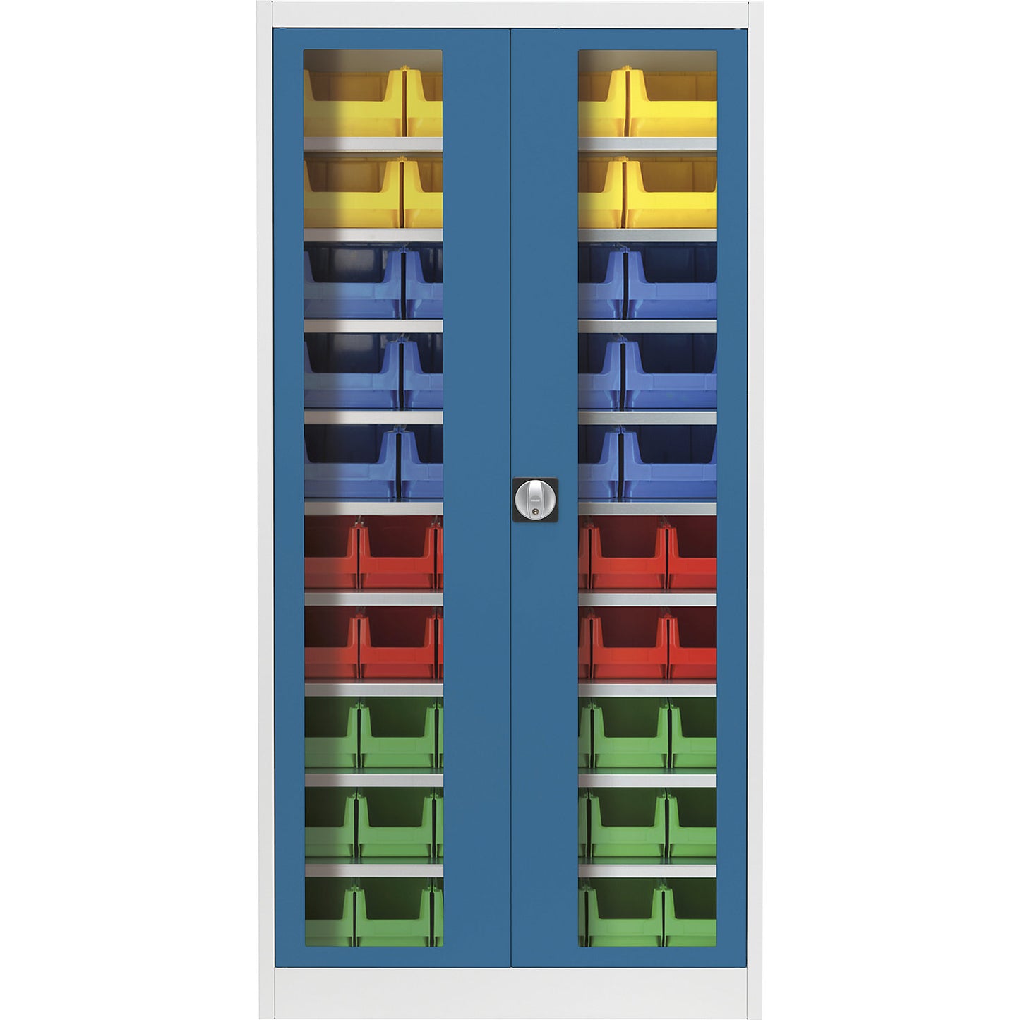 Vision panel double door cupboard, with 50 open fronted storage bins, light grey / brilliant blue.