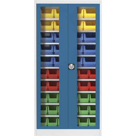 Vision panel double door cupboard, with 50 open fronted storage bins, light grey / brilliant blue.