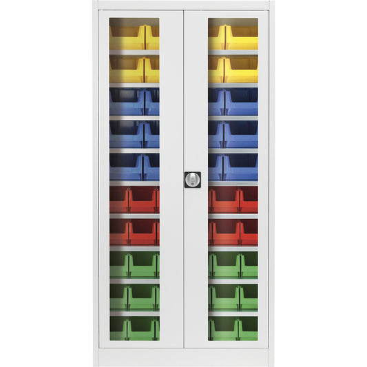 Vision panel double door cupboard, with 50 open fronted storage bins, light grey.