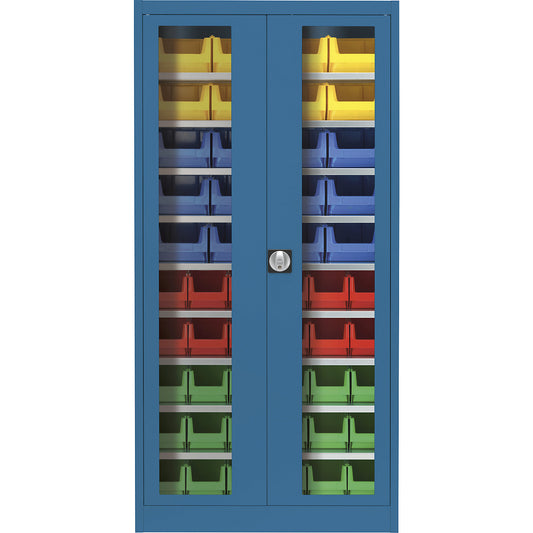 Vision panel double door cupboard, with 50 open fronted storage bins, brilliant blue.