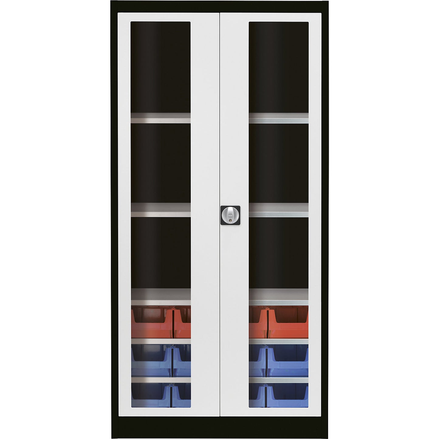 Vision panel double door cupboard, with 12 open fronted storage bins, graphite black / light grey.