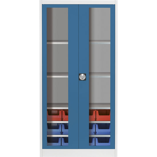 Vision panel double door cupboard, with 12 open fronted storage bins, light grey / brilliant blue.
