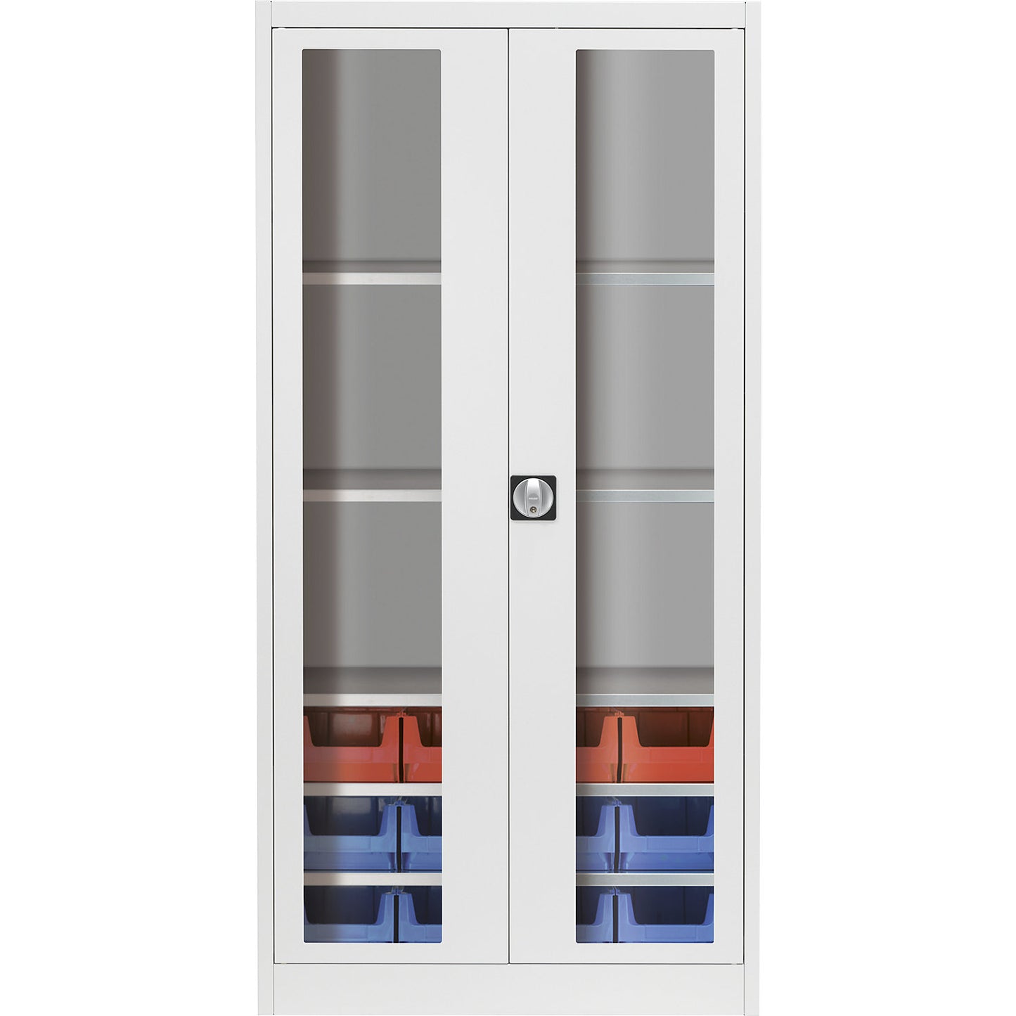 Vision panel double door cupboard, with 12 open fronted storage bins, light grey.