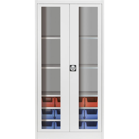 Vision panel double door cupboard, with 12 open fronted storage bins, light grey.