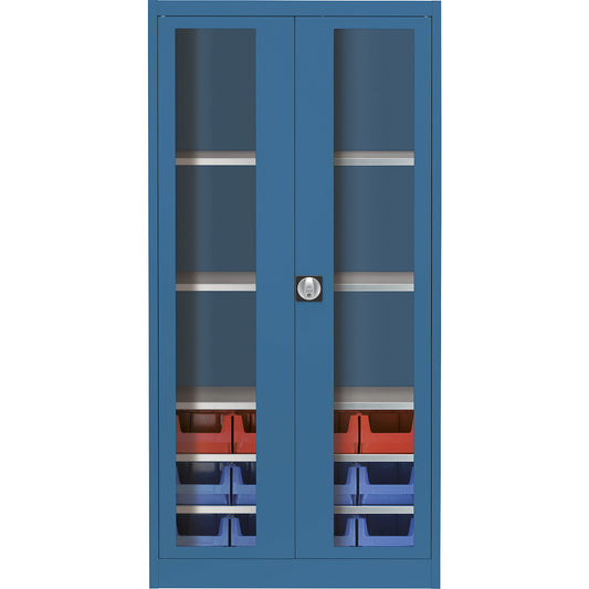 Vision panel double door cupboard, with 12 open fronted storage bins, brilliant blue.