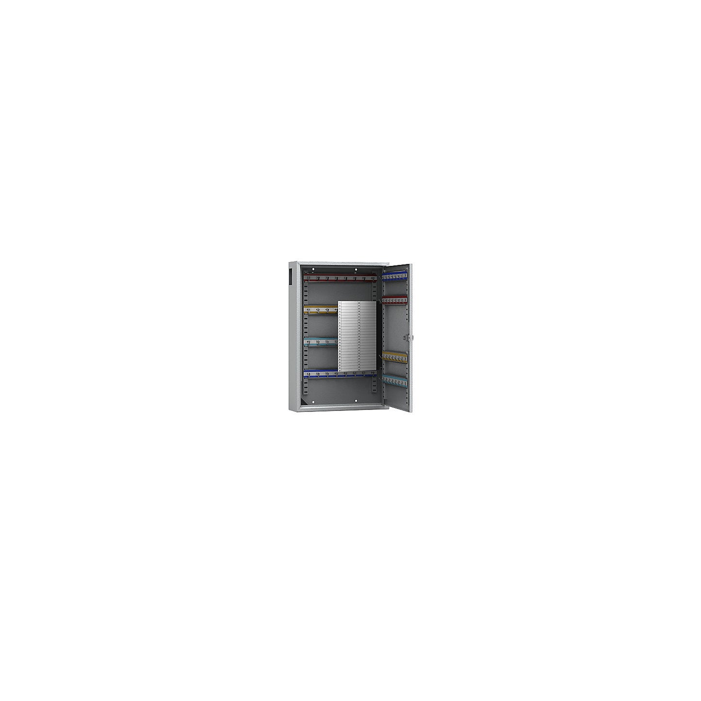 Key cabinet, painted grey, with access slot, with 64 hooks.