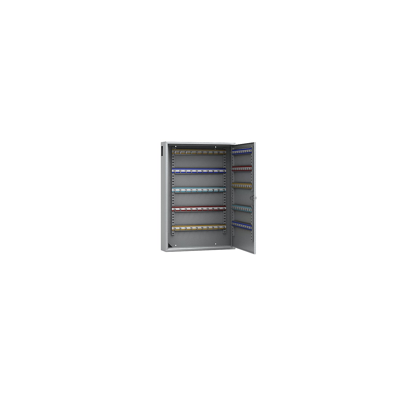 Key cabinet, painted grey, with access slot, with 100 hooks.