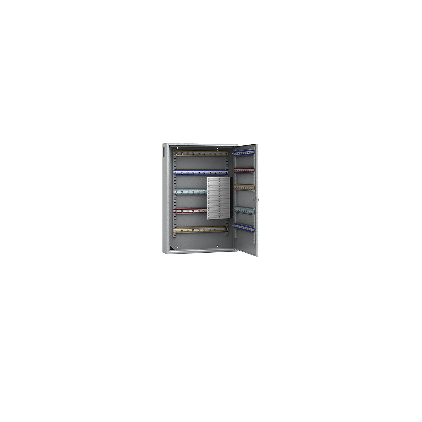 Key cabinet, painted grey, with access slot, with 100 hooks.