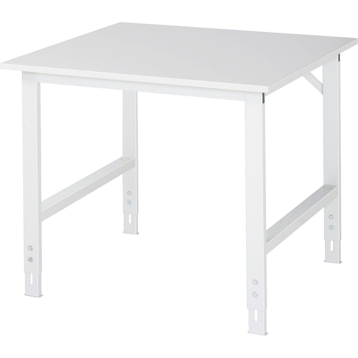 Work table, height adjustable, frame 60 x 30 mm, melamine coated panel, WxD 1000 x 1000 mm, light grey.