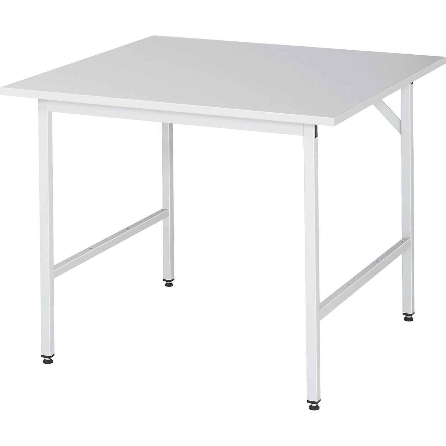 Work table, height adjustable, frame 30 x 30 mm, melamine coated panel, WxD 1000 x 1000 mm, light grey.